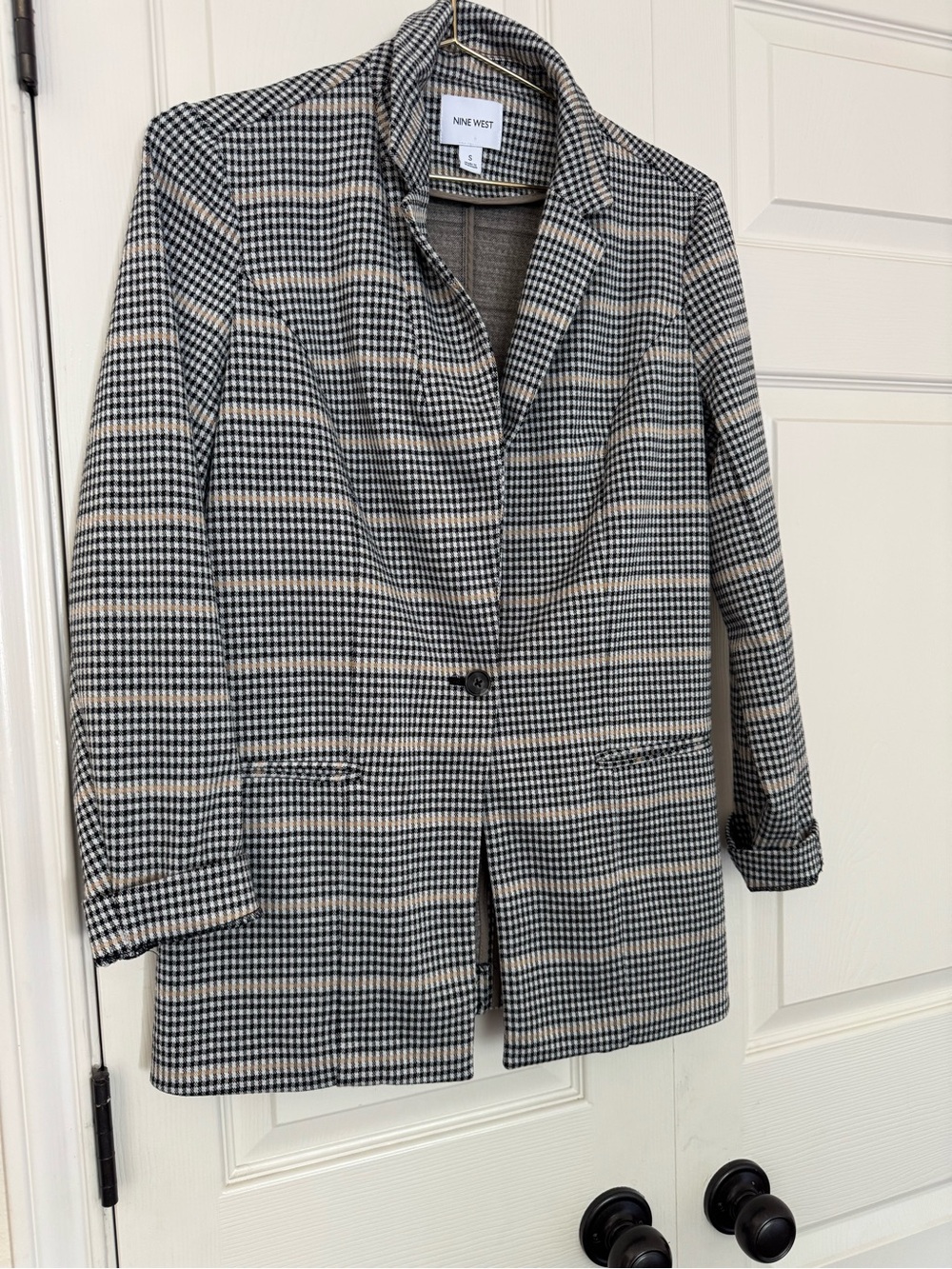 Nine West Black and Cream Plaid Single-Button Blazer